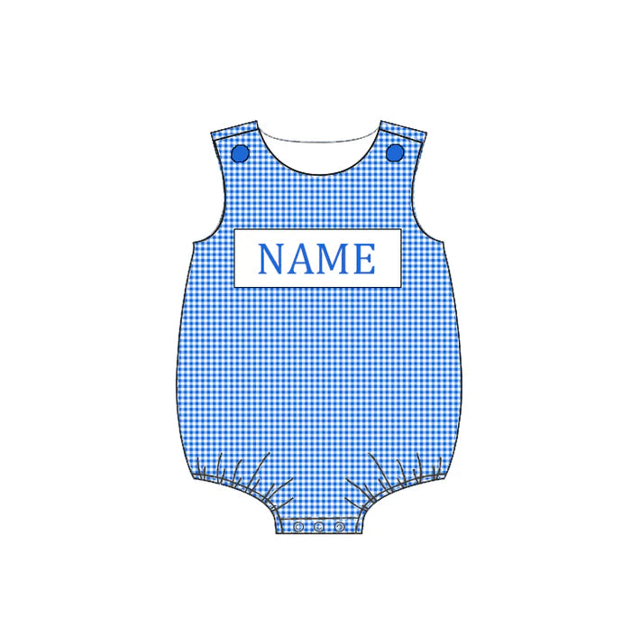Smocked July 4th Kids Collection – Embroidered Blue Plaid Custom Name Outfits