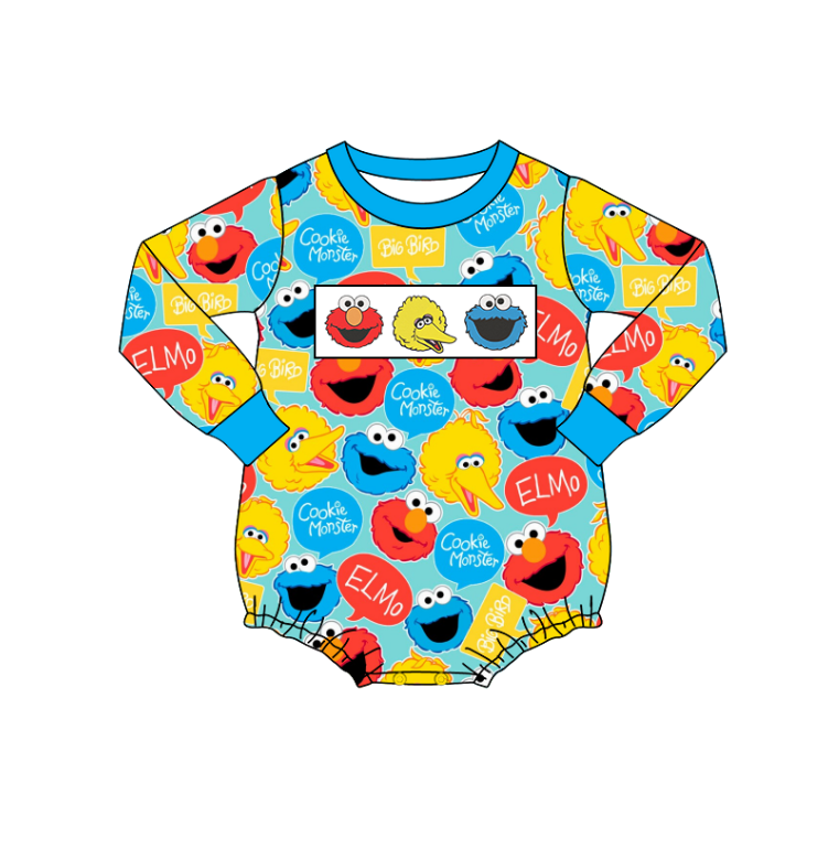 Kids Cartoon Character Smocked Embroidery Collection – Girls Dress & Bubble Romper, Boys Long Sleeve Pants Set