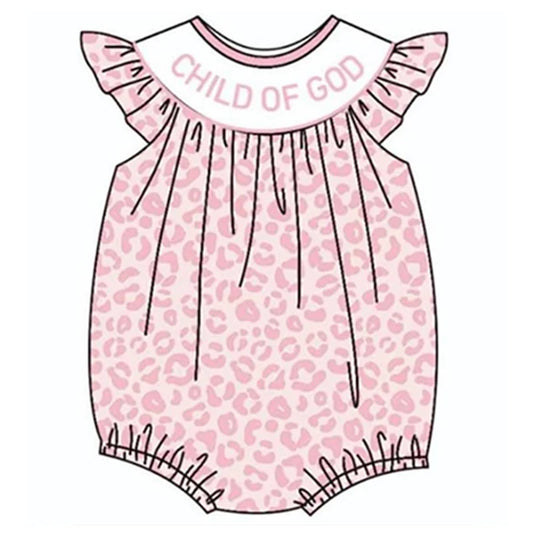 Girls Pink Leopard Strawberry Bow Embroidery Bubbles