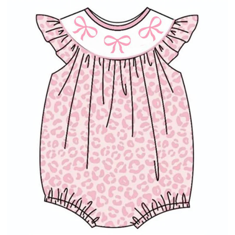 Girls Pink Leopard Strawberry Bow Embroidery Bubbles