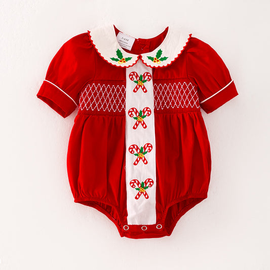 Baby Girls Christmas Cnady Cane Embroidery Red Romper