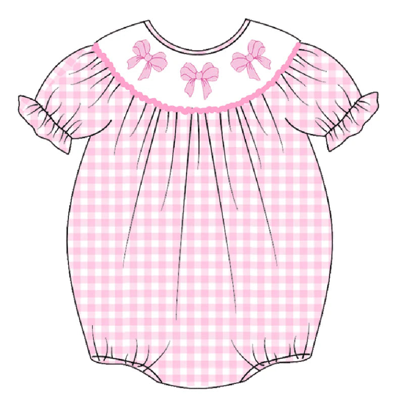 Girls Summer Pink Plaid Bow Smock Embroidery Bubble Romper