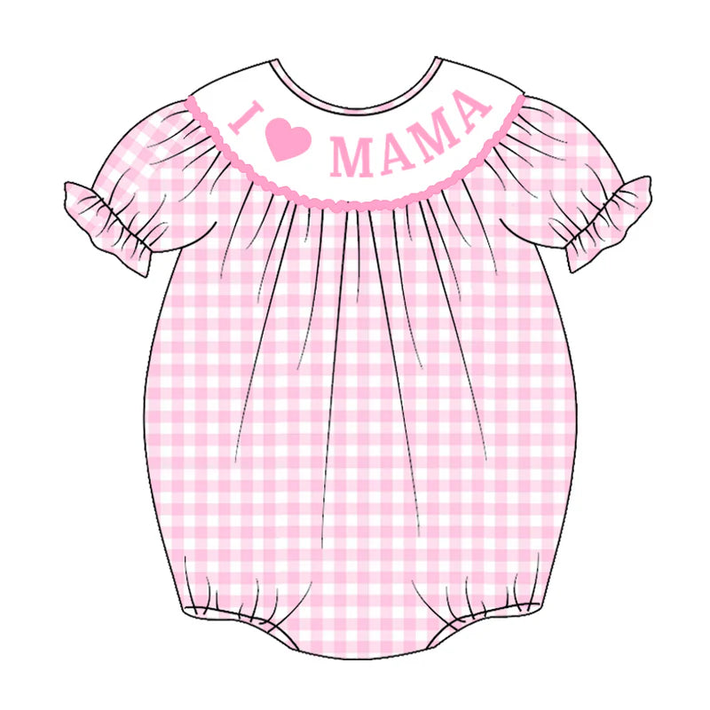 Baby Summer Pink Plaid "I LOVE MAMA" Smocked Romper