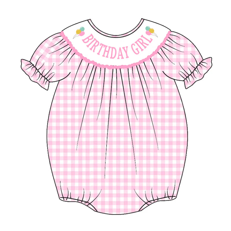 Baby Summer Pink Plaid "BIRTHDAY GIRL" Smocked Romper