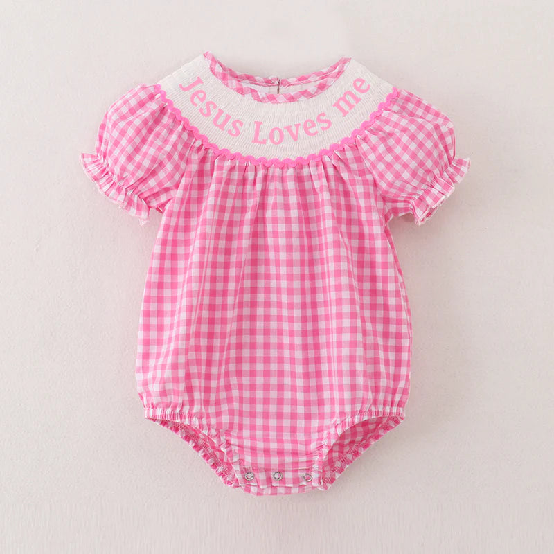 Baby Summer Pink Plaid Jesus Loves Me Smock Embroidery Romper