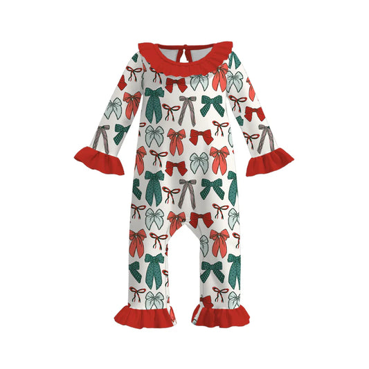 Baby Kids Christmas Red Green Bow Print Long Sleeves Romper