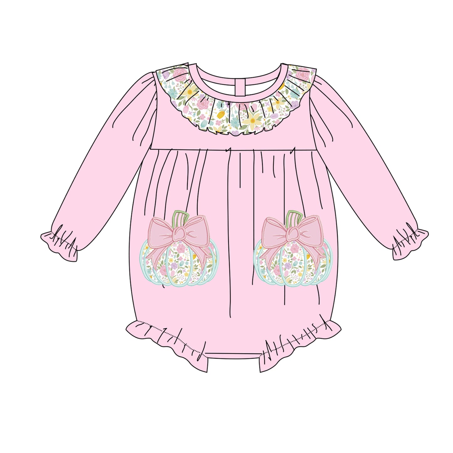 Girls Fall Halloween Pink Floral Pumpkin Embroidery Sibling Outfits