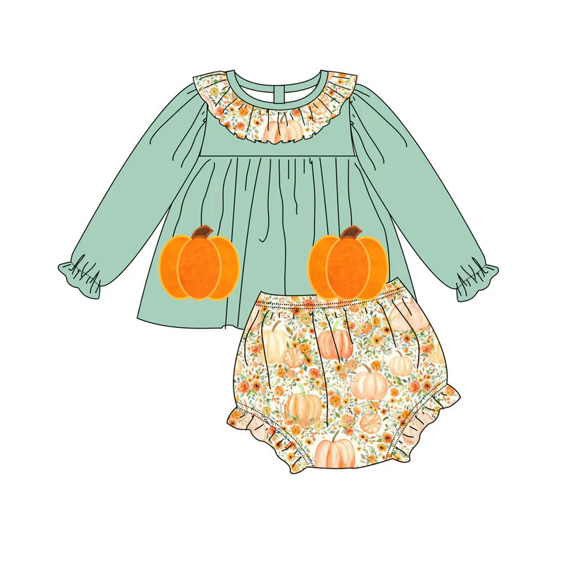 Girls Halloween Pumpkin Applique Floral Print Sibling Clothes