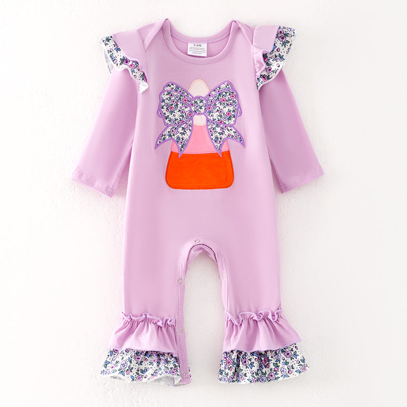 Baby Fall Halloween Corn Bow Applique Purple Romper