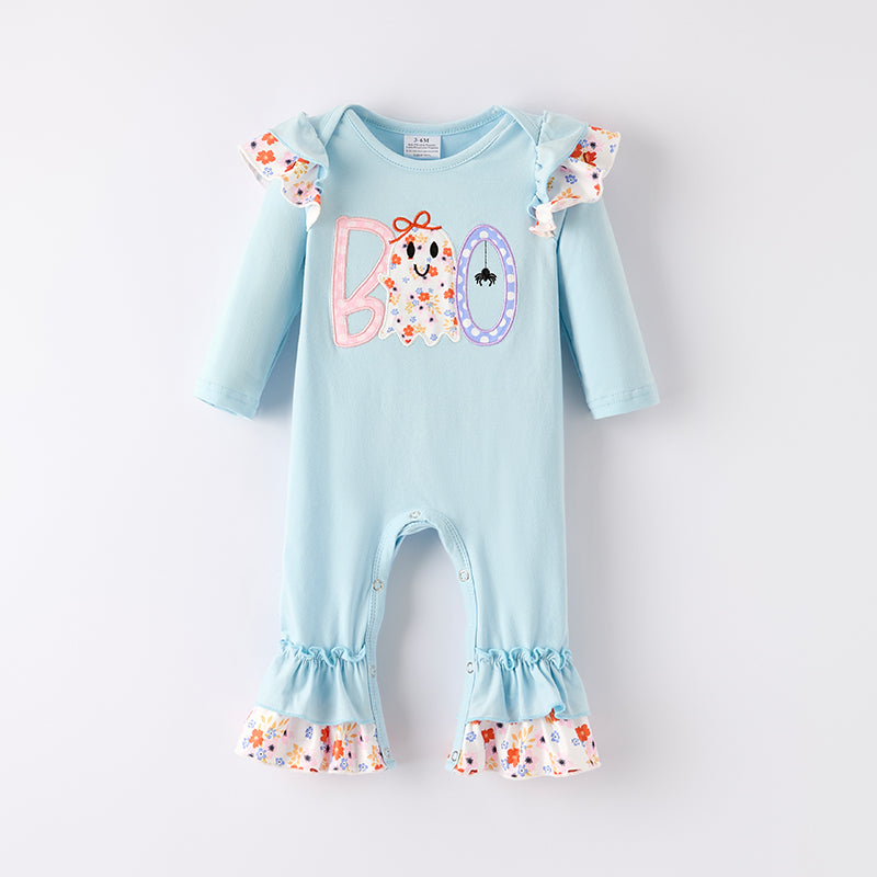 Girls Halloween Boo Ghost Applique Blue Romper