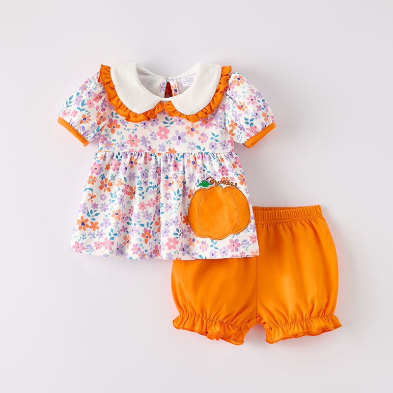 Pumpkin Embroidery Baby Girl Outfit โ Dress & Bloomer Set