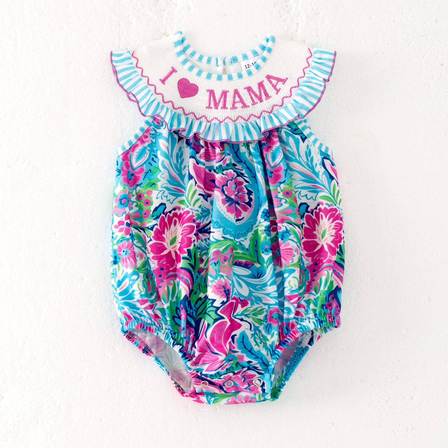 Baby Girls "I LOVE MAMA"Smocked Blue Floral Bubbles Romper