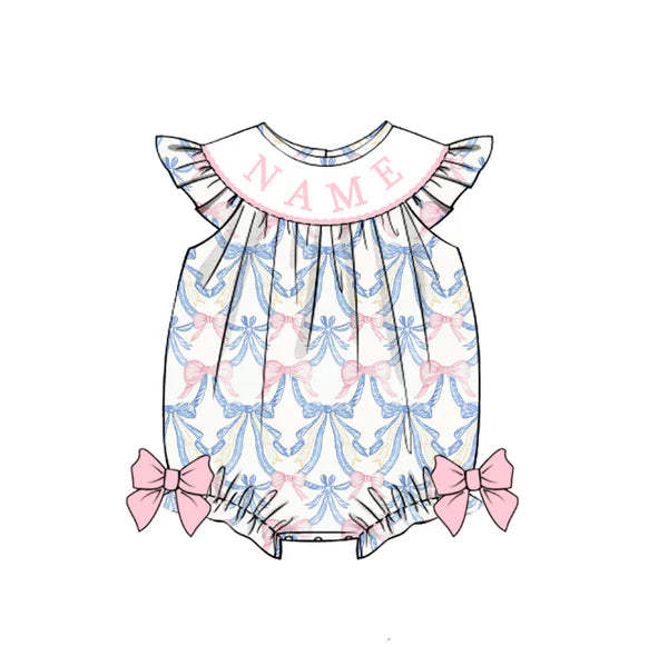 Girls Summer Pink Blue Bow Custom Name Embroidery Romper