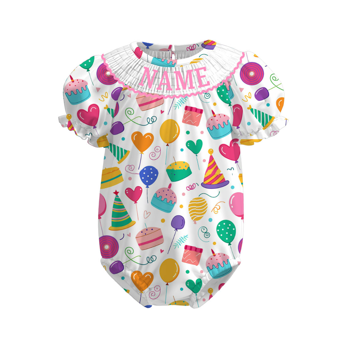 Baby Summer Birthday Custom Name Smocked Bubble Romper