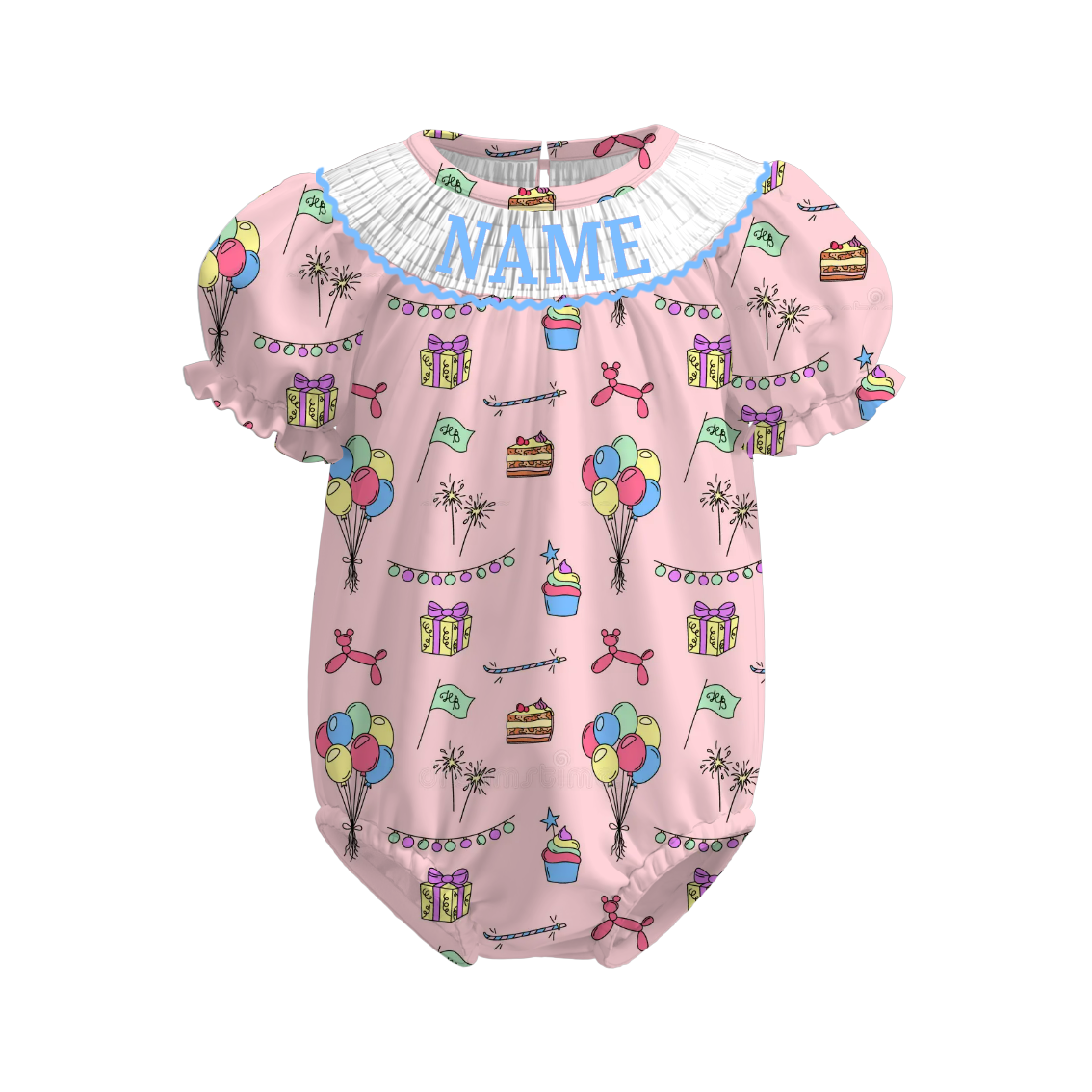 Baby Birthday Balloon Custom Name Smocked Bubble Romper