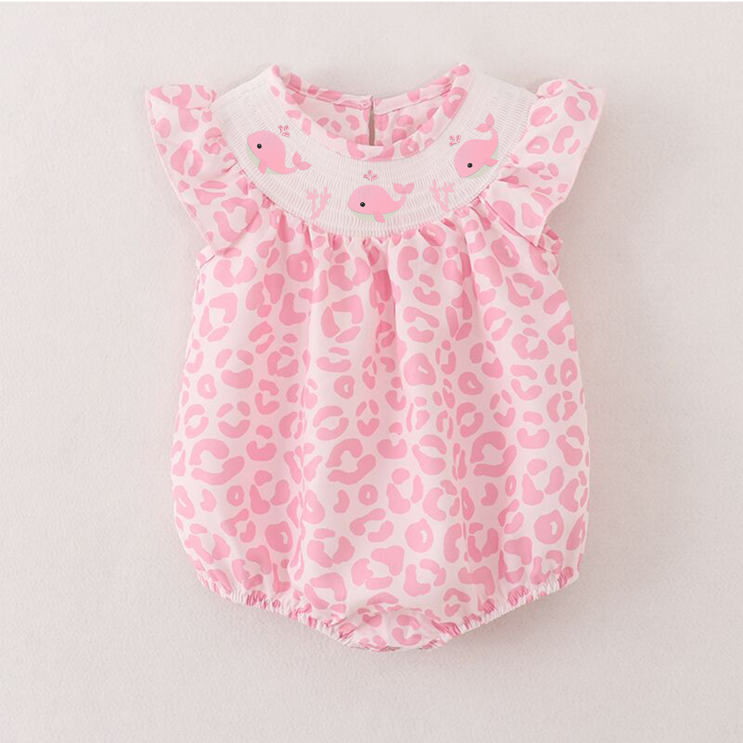 Baby Summer Pink Leopard Print Whale Smocked Bubble Romper