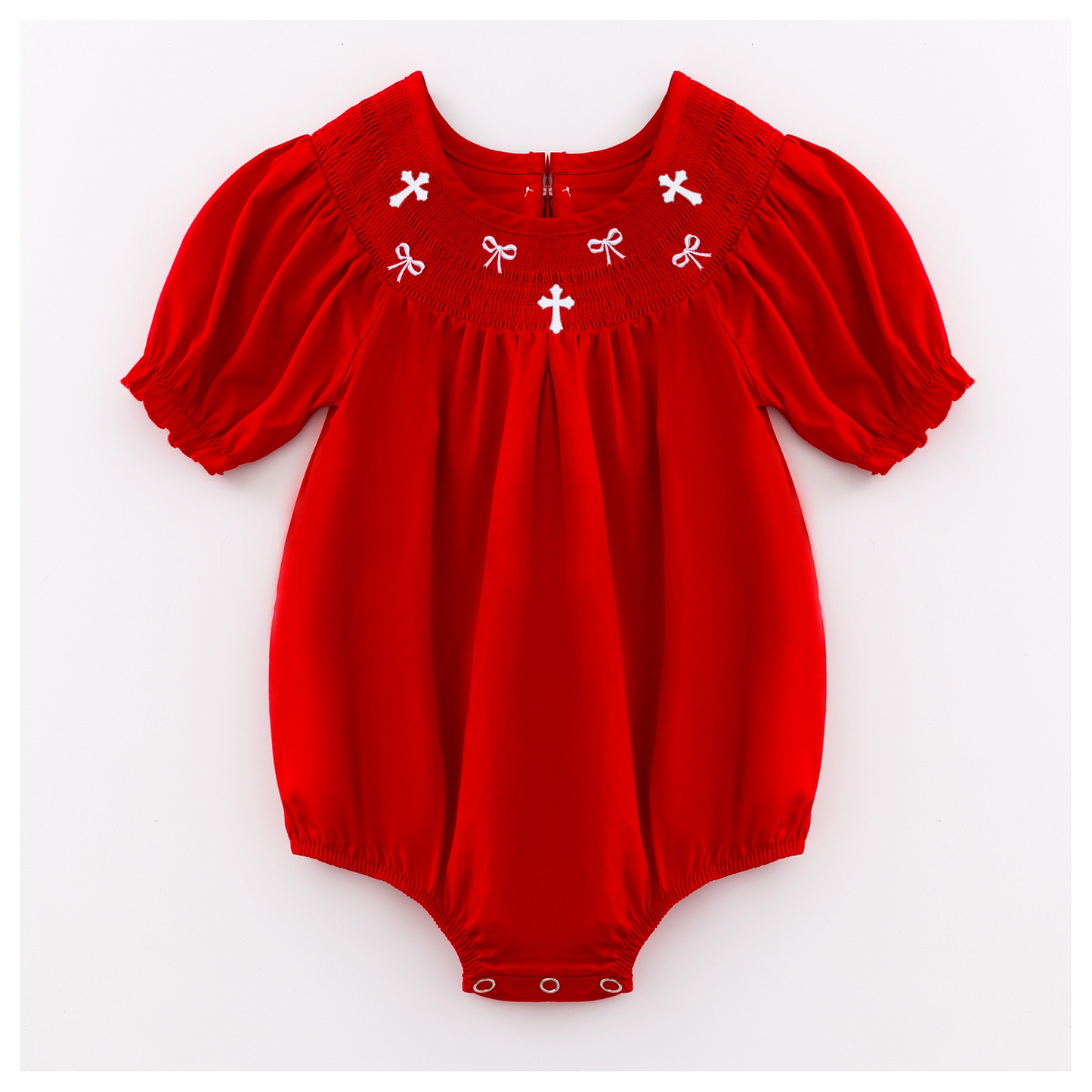 Baby Toddler Red Bow Cross Embroidered Smocked Romper