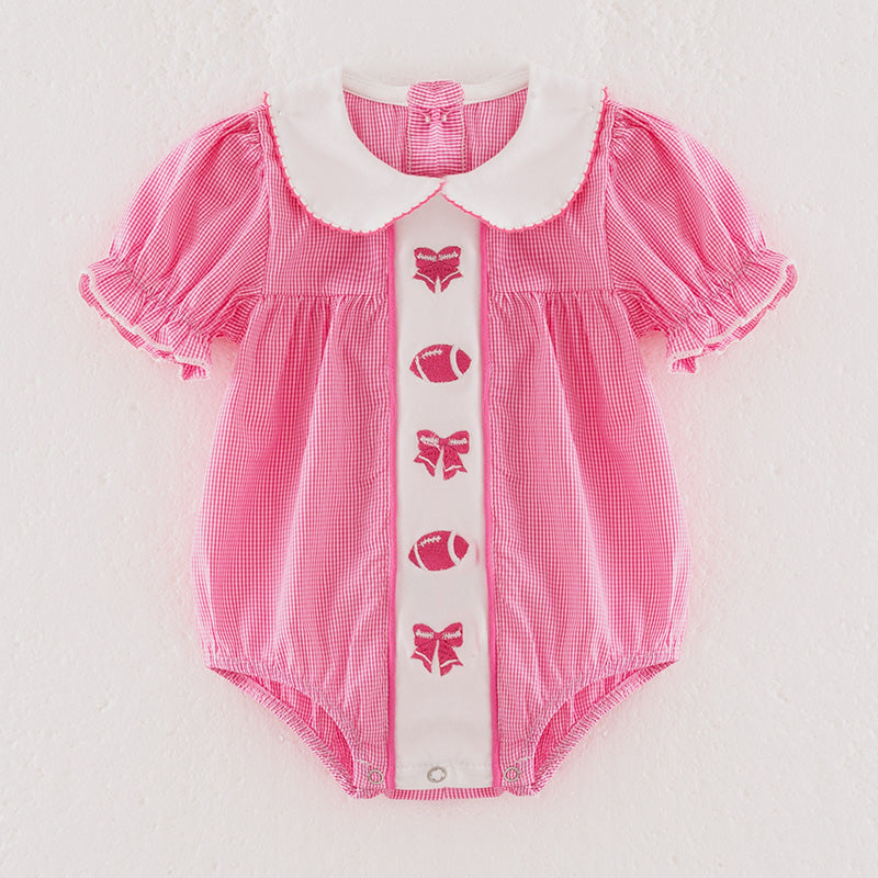 Baby Girls Pink Football Bow Embroidery Bubble Romper