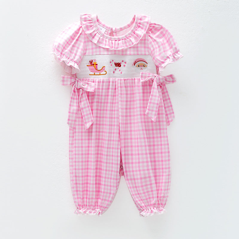 Baby Girls Christmas Pink Plaid Santa Smock Embroidery Romper