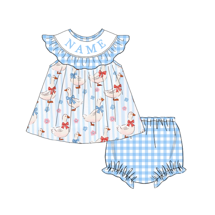 Baby Girls Summer Custom Name Silly Goose Smocked Romper Set
