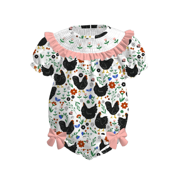 Girls Summer Chick Flower Embroidered Smocked Dress Romper