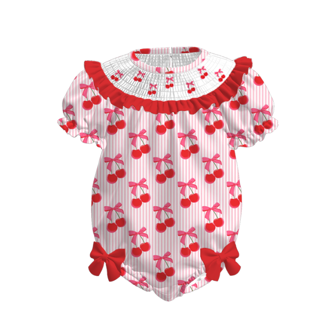 Girls Summer Cherry Embroidered Smocked Dress Romper