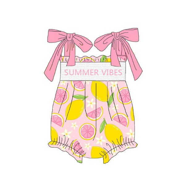 Girls Summer Lemon "SUMMER VIBES" Embroidered Smocked Dress Romper