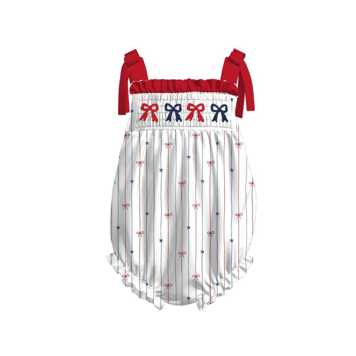 Girls July 4th Red Blue Bow Embroidered Smocked Dress Romper