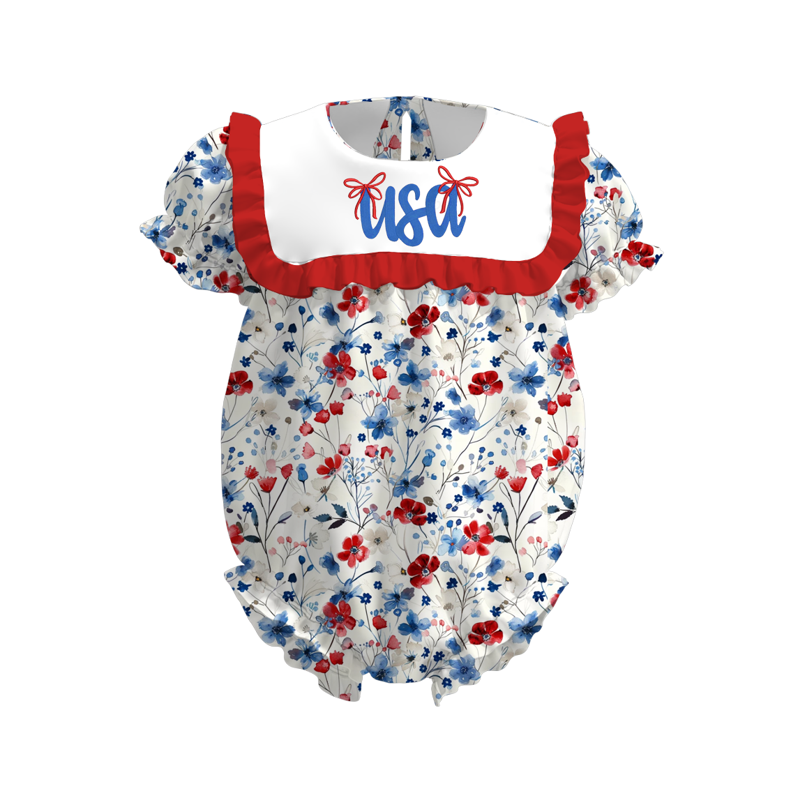 Girls July 4th Red Blue USA Floral Embroidered Dress Romper
