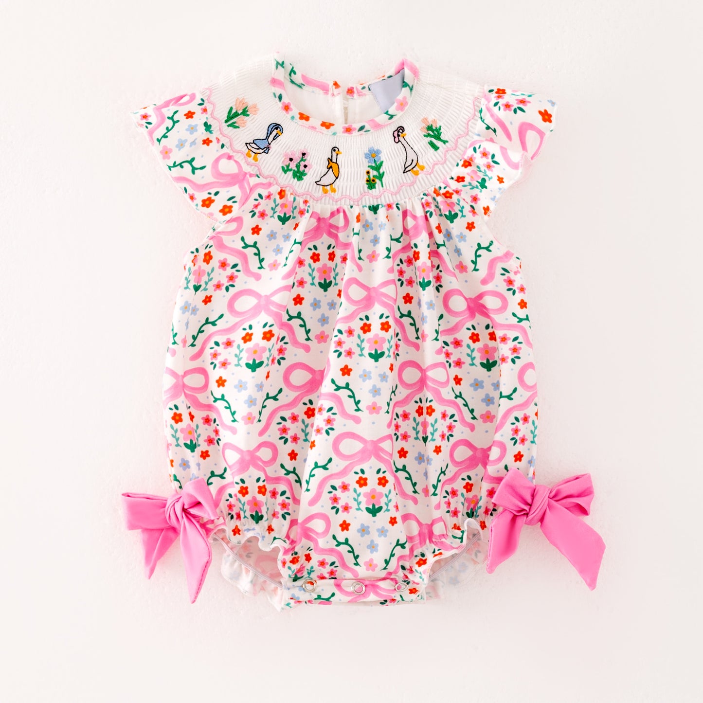 Girls Summer Pink Floral Silly Goose Smock Embroidery Romper
