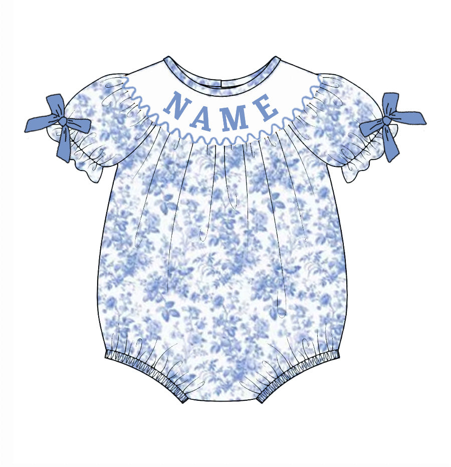 Baby Girls Summer Custom Name Blue Floral Smocked Romper