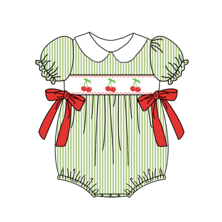 Baby Girls Summer Green Stripes Cherry Embroidery Romper