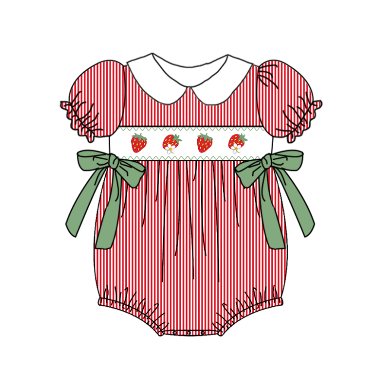 Baby Girls Summer Red Stripes Strawberry Embroidery Romper