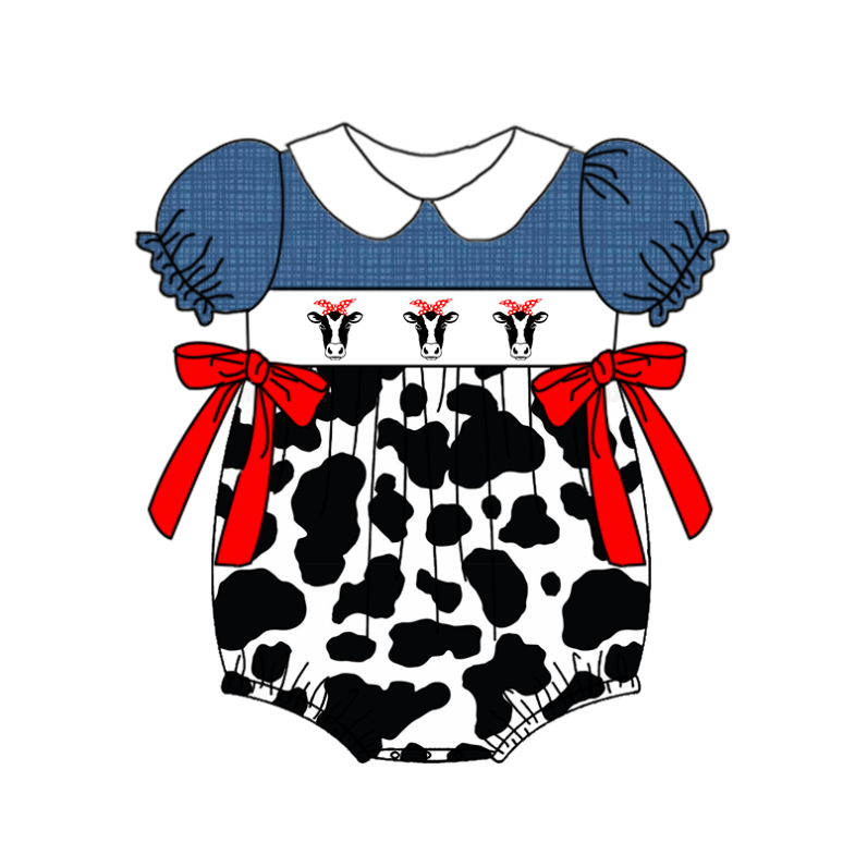 Baby Girls Summer Farm Print Bow Embroidery Romper