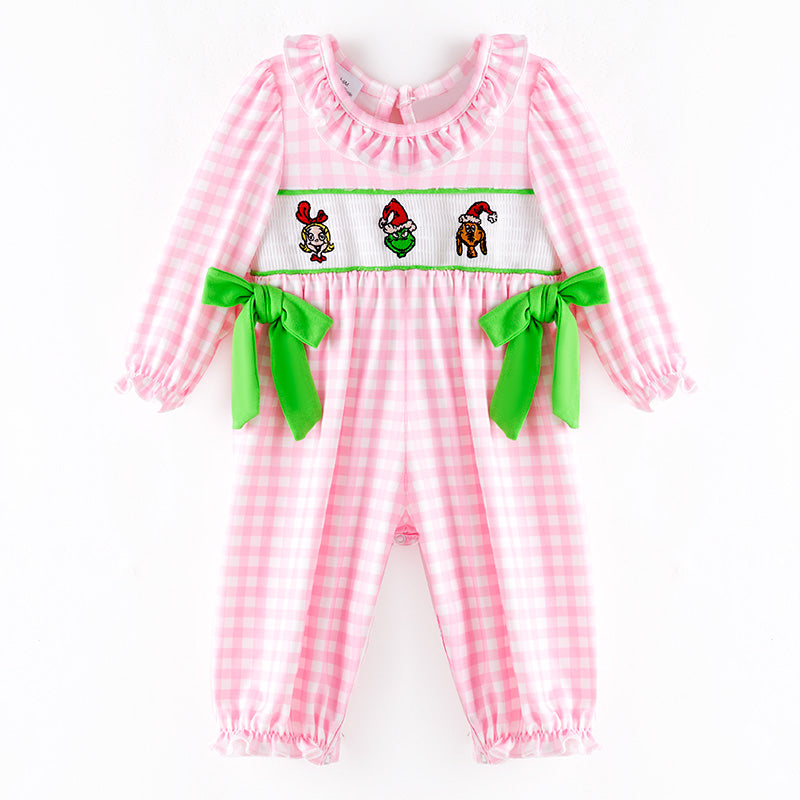 Baby Girls Christmas Pink Plaid Cartoon Embroidery Smock Romper