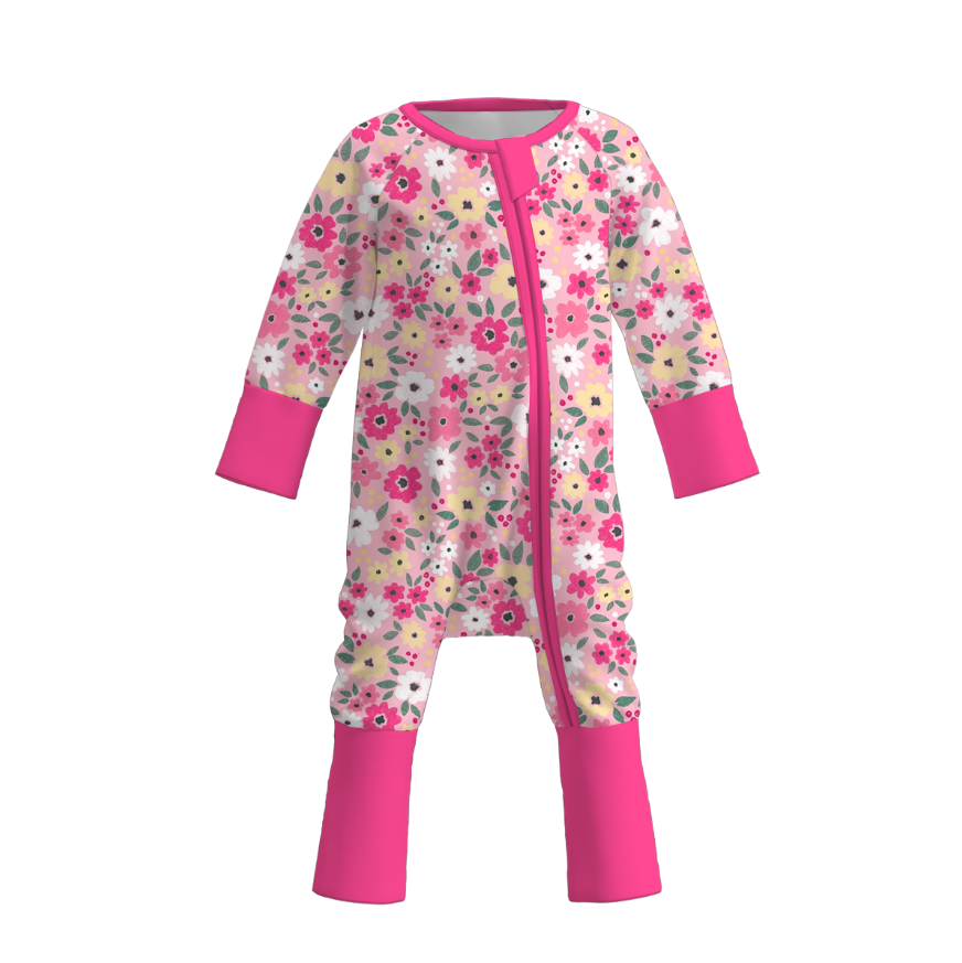 Baby Girls Hot Pink Floral Zipper Soft Pajama Romper