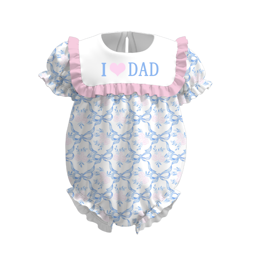 Girls Summer I LOVE DAD Embroidery Pink Blue Bow Dress Romper