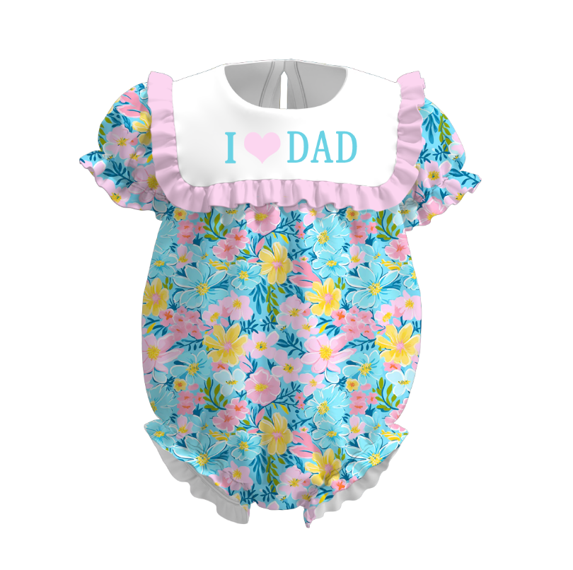 Girls Summer I LOVE DAD Embroidery Pink Blue Floral Dress Romper