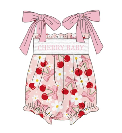 Girls Summer "CHERRY BABY" Smocked Embroidery Bubbles Romper