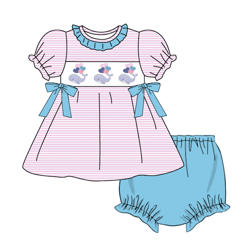 Kids Sibling Summer Whale Embroidery Smocked Matching Clothes