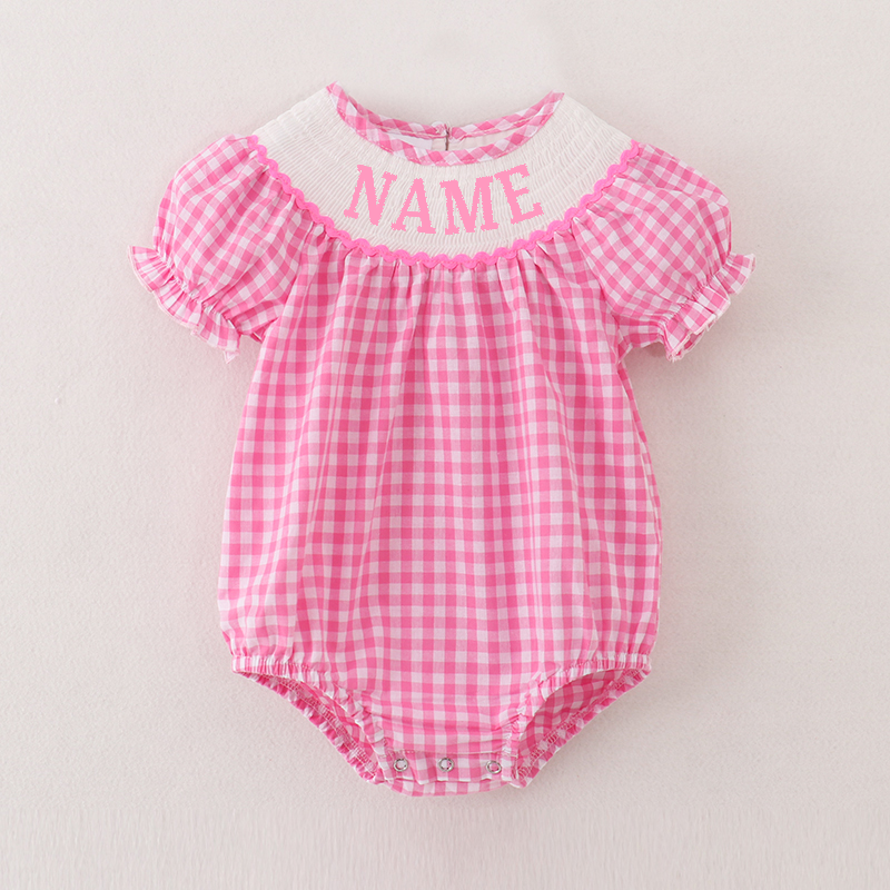 Girls Summer Pink Plaid Custom Name Embroidery Romper