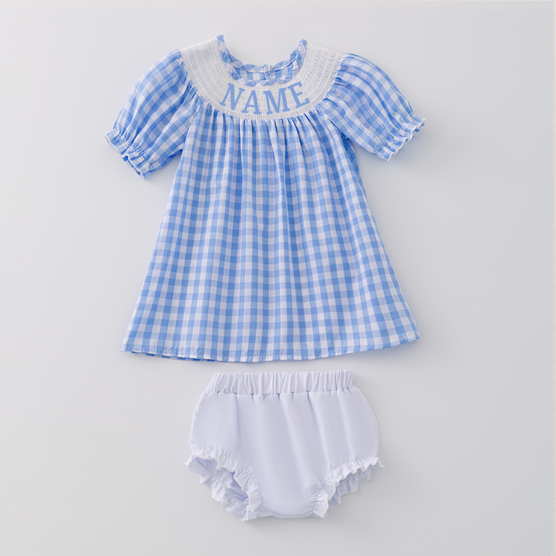 Girls Summer Blue Plaid Custom Name Embroidery Bubbles Set