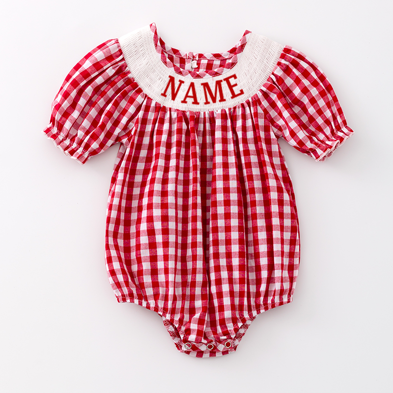 Girls Summer Red Plaid Custom Name Embroidery Smock Bubbles