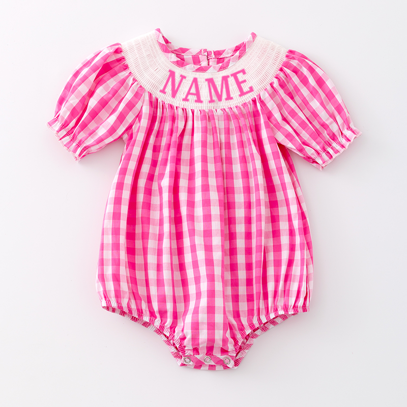 Girls Summer Pink Plaid Custom Name Embroidery Smock Bubbles