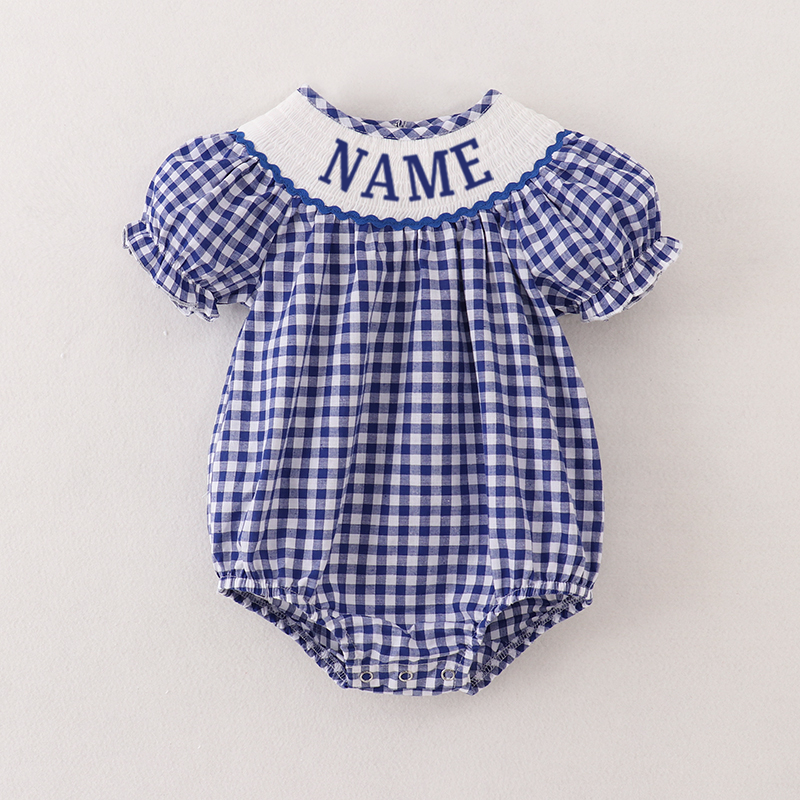 Girls Summer Blue Plaid Custom Name Embroidery Smock Bubbles