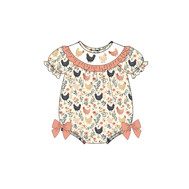 Girls Fall Farm Chick Print Embroidery Smocked Sibling Outfit Set