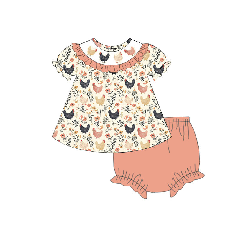 Girls Fall Farm Chick Print Embroidery Smocked Sibling Outfit Set