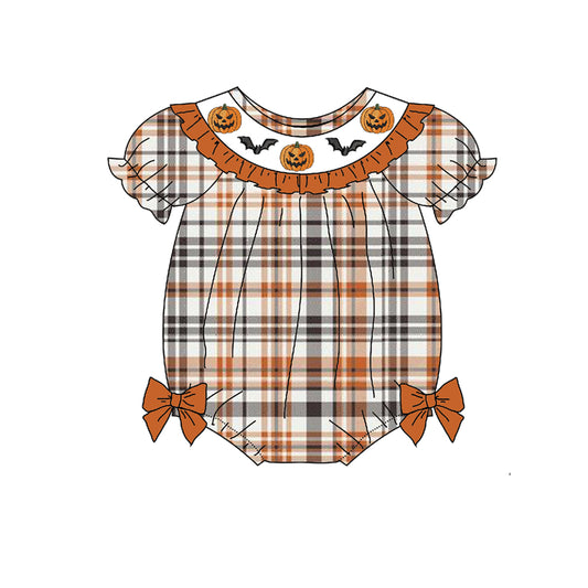 Kids Halloween Orange Plaid Collection-Pumukin Bat Smocked Embroidered