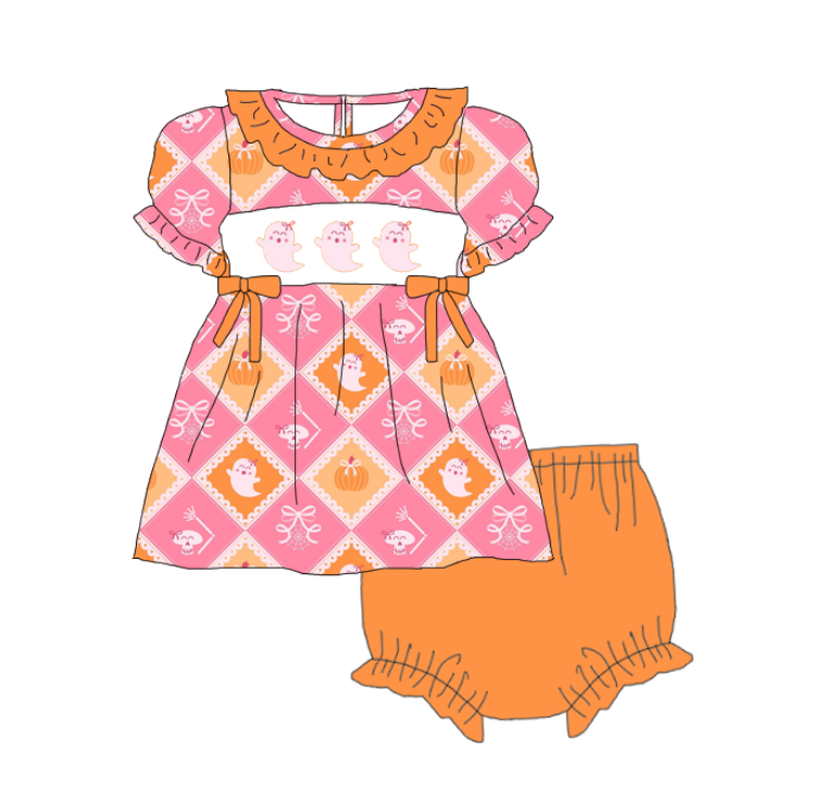 Girls Sister Halloween Ghost Smock Embroidery Short & Ropmer Set