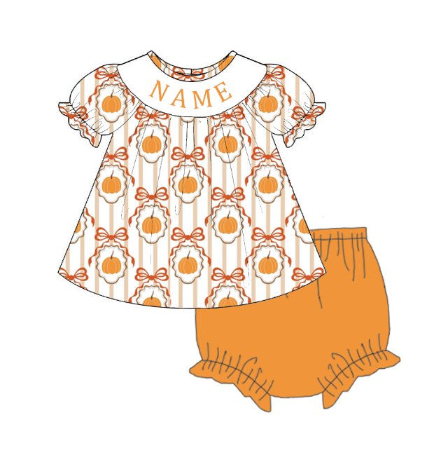 Girls Halloween Pumpkin Smocked Embroidery Custom Name Dress & Baby Set